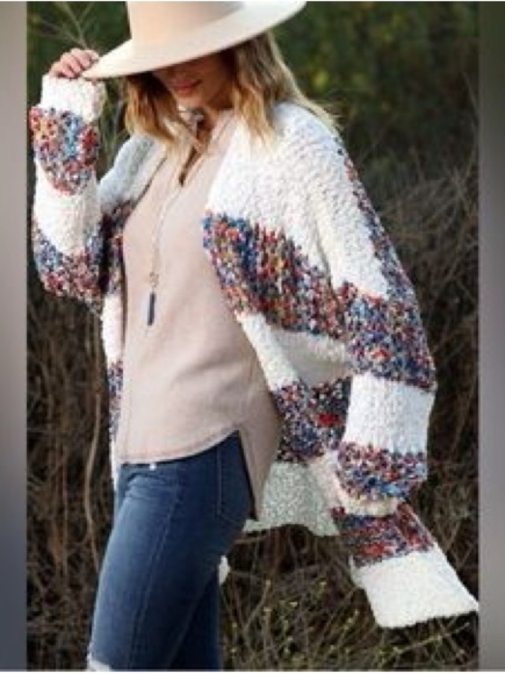Kori Popcorn Knit Cardigan with Multicolor  Accents
